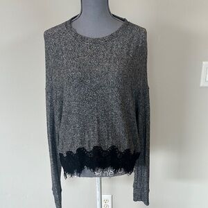 NIC & ZOE Gray Sweater with Black Lace Trim